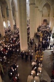 France, Meurthe-et-Moselle, Saint Nicolas de Port, Basilica of Saint Nicolas, torchlight procession which has been celebrated since 1245 on the occasion of Saint Nicholas, the relic of Saint Nicolas blessing dexter (according to tradition it is the bones of a joint of the right hand of the bishop) that is kept in a reliquary arm of the late 19th century in silver, gold, enamel and diamonds