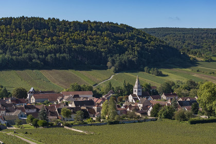 France, Côte-d'Or (21), les climats de Bourgogne classés Patrimoine Mondial de l'UNESCO, Côte de Beaune, village de Auxey-Duresses entouré de vignes (vue aérienne)