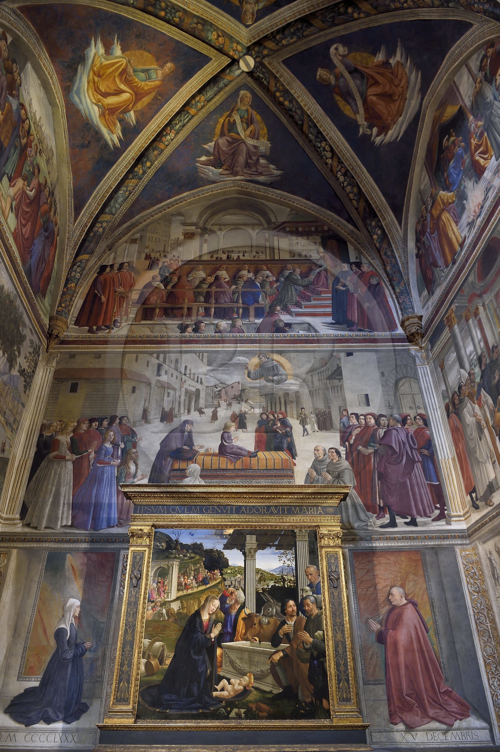 Italie, Toscane, Florence, centre historique classé Patrimoine Mondial de l'UNESCO, basilique Santa Trinita (Basilica di Santa Trinita), chapelle Sassetti, fresques de Domenico Ghirlandaio, Adoration des Bergers de 1495