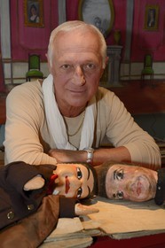 France, Rhone, Lyon, La Croix Rousse District, Guignol un gone de Lyon (Guignol a kid from Lyon) company, the puppeteer Daniel Streble with two of his Guignol that are over 180 years old