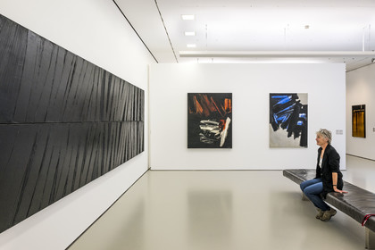 France, Herault, Montpellier, historic center, Fabre museum, rooms dedicated to the artist Pierre Soulages (1919-2022), painting 162x724 cm, March 1986