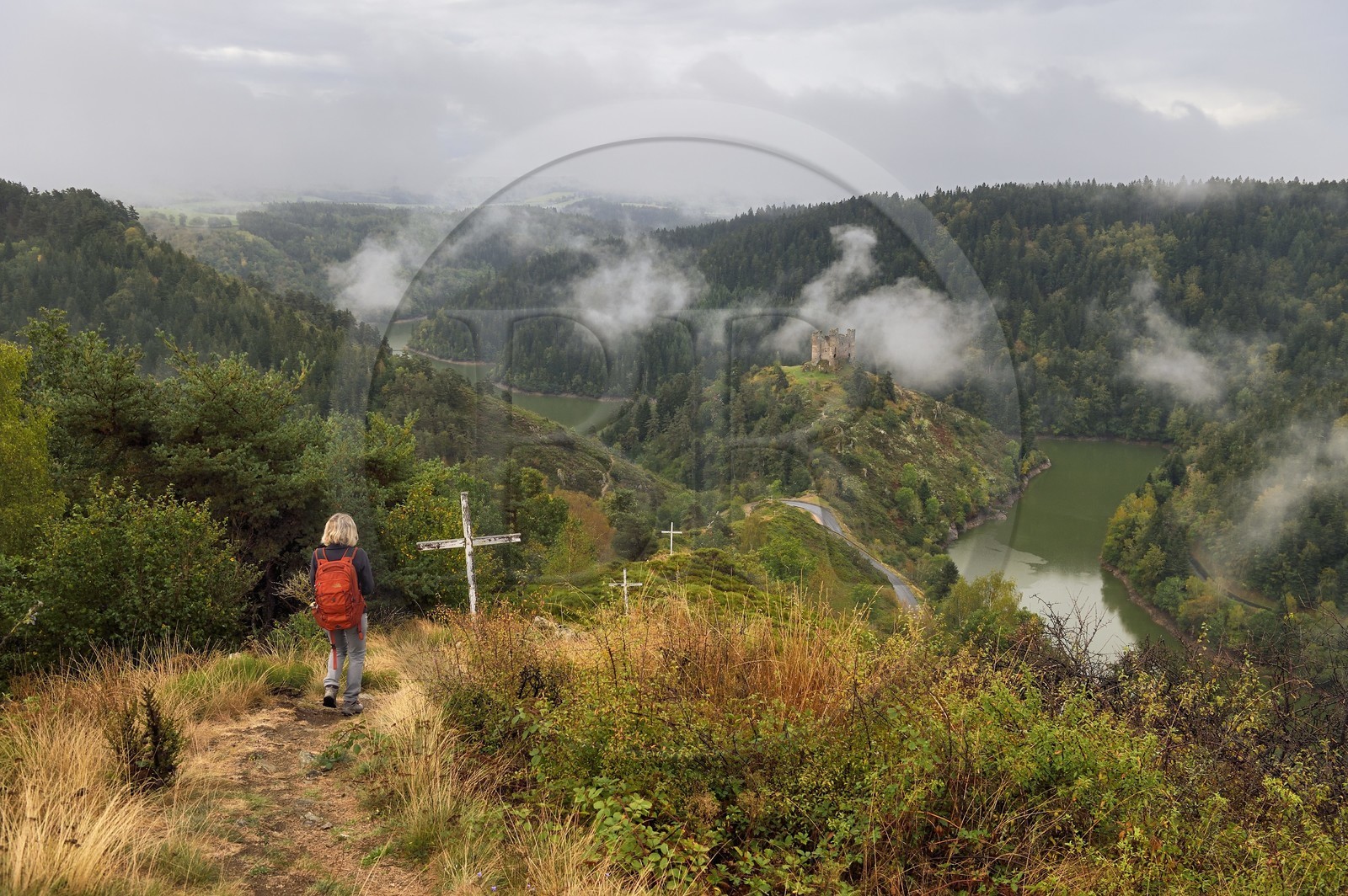 France, Cantal (15), Gorges de la Truyère, Alleuze, ruines féodales perchées du château fort d'Alleuze du XIIIe siècle reconstruit en 1405