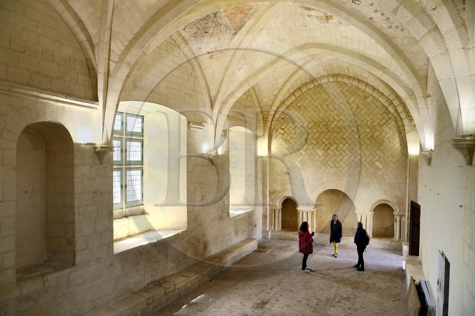 France, Charente-Maritime (17), l'ancien prieuré Saint-Jean-l'Evangéliste de Trizay appelé abbaye de Trizay abrite un centre d'art contemporain, le réfectoire du XV-XVIème siècle et ses peintures au plafond
