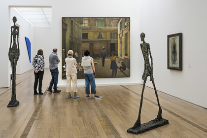 Switzerland, Basel, Riehen, Beyeler Foundation, Large Woman IV (1960) and The Walking Man (1960) by Alberto Giacometti, Passage du Commerce-Saint-André (1952-1954) by Balthus in the background