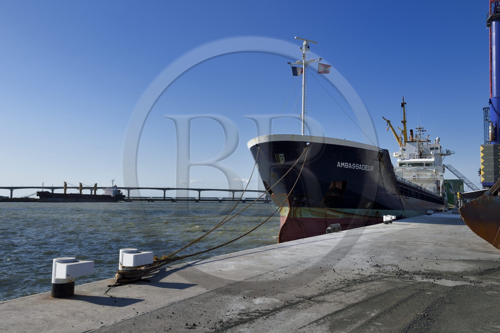 France, Charente-Maritime (17), La Rochelle, le Port Atlantique La Rochelle, port de commerce, quais dépendant de la société Sica Atlantique, le pont de l'Ile de Ré en arrière plan