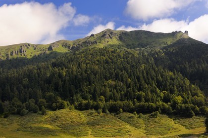 France, Cantal, Parc Naturel Régional des Volcans d'Auvergne (regional nature park of Auvergne volcanoes), Le Lioran, the summit of Teton de Venus in the center and the Rocher du Bec de l'Aigle right overlooking the Alagnon valley