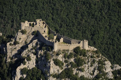 France, Aude, Cathar castle of Puilaurens (aerial view)