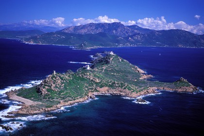 France, Corse du Sud, Sanguinary islands, lighthouse and Genoese tower of Parata (aerial view)