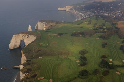 France, Seine Maritime, Pays de Caux, Cote d'Albatre, Etretat, Aval Cliffs and golf course (aerial view)