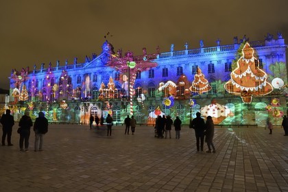 France, Meurthe-et-Moselle, Nancy, place Stanislas (former Place Royale) during the feast of Saint-Nicolas, listed as World Heritage by UNESCO, the Town Hall in the lights of Saint-Nicolas