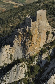 France, Aude (11), Pays Cathare, le château de Quéribus (vue aérienne)