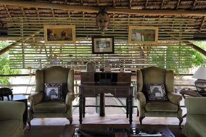 Tanzanie, Reserve de gibier de Selous une des plus grandes zones protégées au monde et inscrite sur la liste du patrimoine mondial de l’Unesco depuis 1982, le très exclusif Selous Camp, le bar