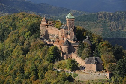 France, Bas Rhin, Orschwiller, Alsace Wine Road, Haut Koenigsbourg Castle in the Vosges forest (aerial view)