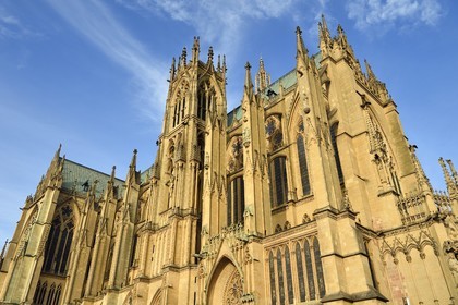 France, Moselle, Metz, Saint Etienne (Saint Stephen) cathedral in pierre de Jaumont (stone of Jaumont), North West facade and the tower of the Chapter