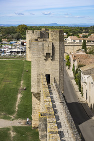 France, Gard, Aigues Mortes, towers and walkway on the South ramparts