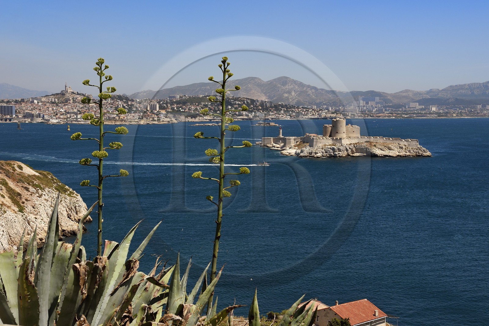France, Bouches-du-Rhône (13), Marseille, Parc National des Calanques, Archipel des Iles du Frioul, le Chateau d'If et la ville de Marseille en arrière plan