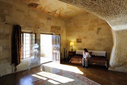 Turkey, Central Anatolia, Nevsehir Province, Cappadocia listed as World Heritage by UNESCO, Urgup, Yunak Evleri luxury hotel in old troglodytic houses