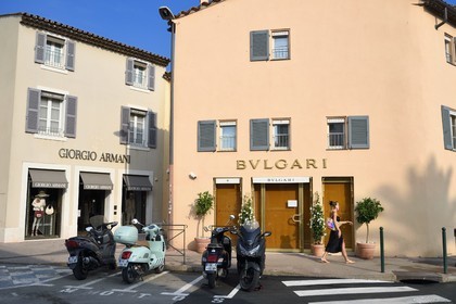 France, Var, Saint-Tropez, luxury boutiques Giorgio Armani and Bulgari