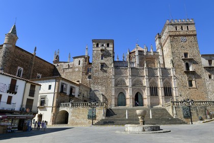 Spain, Extremadura, Guadalupe, Royal Monastery of Santa Maria de Guadalupe listed as World Heritage by UNESCO, main Square at the foot of the front of the church