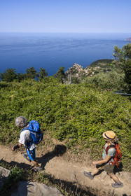 Italy, Liguria, Cinque Terre National Park listed as World Heritage by UNESCO, hikers climbing on the GR 586 path between Corniglia and Volastra above Manarola, the village of Corniglia in the background