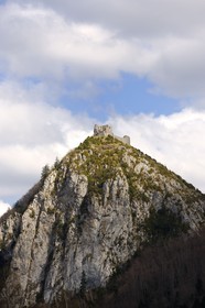 France, Ariege, Pays d' Olmes, Cathar Castle of Montsegur perched on a rock