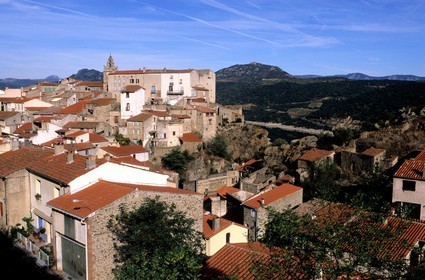 France, Pyrenees Orientales, Fenouilledes region, village of Caramany on the lake side