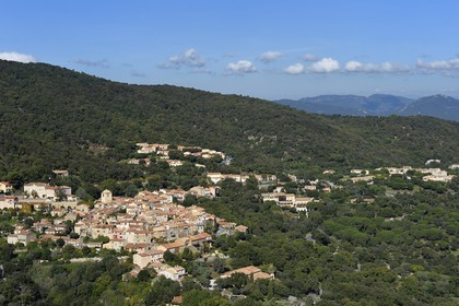 France, Var, Presqu'ile de Saint-Tropez, the hilltop village of Ramatuelle (aerial view)