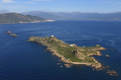 France, Corse du Sud, Golfe d'Ajaccio, Parata point, Sanguinaires islands, Mezzu mare island and its lighthouse (aerial view)