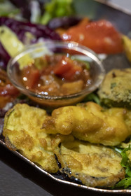 France, Alpes-Maritimes, Nice, Lou Balico restaurant specializing in basil, the typical plate from Nice with eggplant fritters and small stuffed vegetables