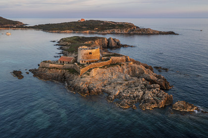 France, Var (83), Iles d'Hyères, parc national de Port Cros, Ile de Porquerolles, Fort du Petit Langoustier datant du XVIIème siècle sur son ilot et Porquerolles en arrière plan (vue aérienne)