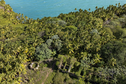 France, French Guiana, Kourou, Salvation Islands (Iles du Salut), Saint Joseph Island, ruin of the penal colony dedicated to the seclusion of the most difficult prisoners (aerial view)