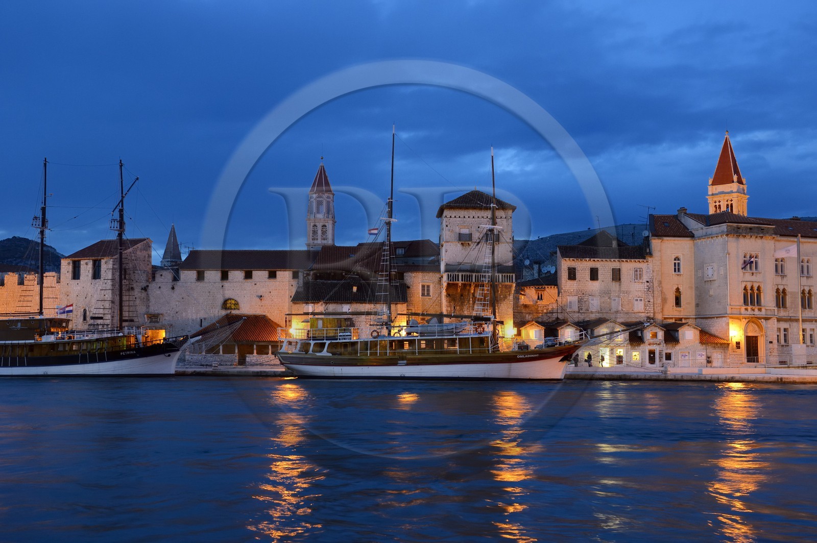 Croatia, Dalmatia, Dalmatian Coast, Trogir, historic center listed as World Heritage by UNESCO, Benedictine Convent of St Nicolas which one perceives the bell tower in the center and the cathedral Saint Lawrence on the right