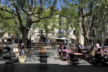France, Gard, Uzes, listed as town of art and history, the Place aux Herbes surrounded by arcaded houses and its outdoor cafes