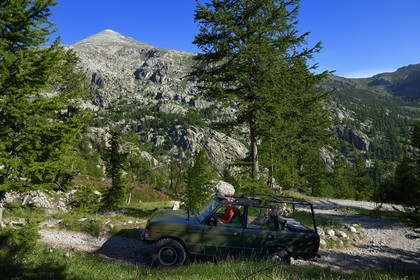 France, Alpes-Maritimes, parc national du Mercantour (Mercantour National Park), vallon de la Minière (Miniere valley) below the Vallee des Merveilles (Valley of Wonders), the only access trail for the allowed 4x4 of Pierre Berlière Mercantour Randonnee, and Mount Bego (2872m) in the background