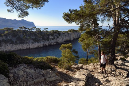 France, Bouches du Rhone, Cassis, National Park of the Calanques, Calanque de Port Miou (cove) and the cliffs of Cap Canaille in the background, Andre Bernard founder of the Cassis guide office hiking (request for authorization necessary before publication)