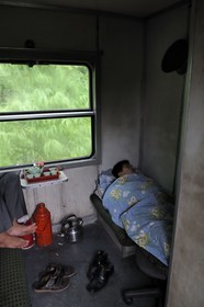 Vietnam, day train from Lao Cai to Hanoi, ticket inspectors compartment