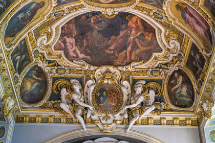France, Seine-et-Marne (77), Fontainebleau, chateau de Fontainebleau, classé Patrimoine Mondial par l'UNESCO, chapelle de le Trinité, détail du plafond