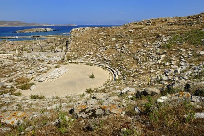 Greece, Cyclades islands, Delos, listed as World Heritage by UNESCO, the archaeological site of Delos, Apollo's Sanctuary, the most ancient city of the Aegean Sea, the Theatre and the quarter of the Theatre
