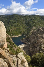 France, Corse du Sud, Prunelli river valley, Tolla, the reservoir lake and the Prunelli gorges dam