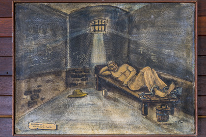 France, Guyane, Cayenne, musée départemental Alexandre-Franconie, peintures réalisées par un bagnard, Francis Lagrange dit Flag, condamné pour escroquerie et faux monnayage mais qui était aussi faussaire et artiste, elles retracent la vie (et le mort) au bagne