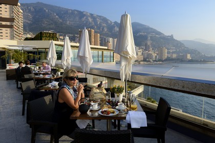 Principality of Monaco, Monaco, Monte-Carlo, breakfast on the terrace from the Fairmont Hotel