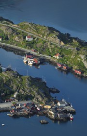 Norway, Nordland County, Lofoten Islands, Moskenes island , fishermen's village of Hamnoy near Reine (aerial view)