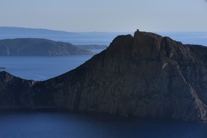 France, Corse du Sud, Golfe de Porto, listed as World Heritage by UNESCO, the Capo Rosso and the Genovese Tower of Turghiu (Turghio) in the background (aerial view)
