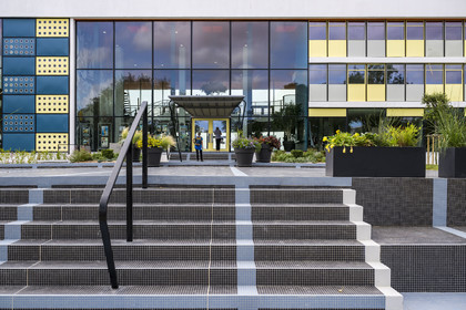 France, Charente-Maritime, Royan, the convention center (1957) designed by the architect-urban planner Claude Ferret and punctuated by the perforated yellow and gray aluminum panels of the Jean Prouvé workshops on the facade