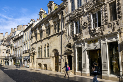 France, Cote d'Or, Dijon, area listed as World Heritage by UNESCO, private mansions on rue des Forges, the 13th century Hotel Aubriot adjoining the 16th century Renaissance style Milsand house on the right