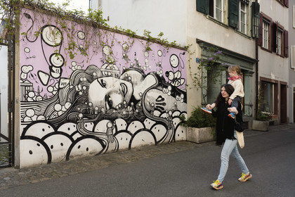 Switzerland, Basel, Old town of Greater Basel (left bank), mural by artist collective The London Police in Rosshofgasse