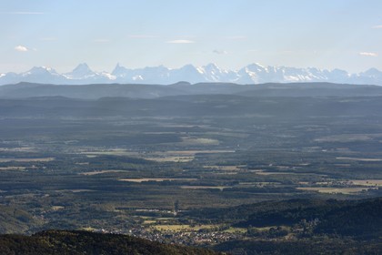 France, Vosges, Ballons des Vosges Regional Natural Park, Saint Maurice sur Moselle, view from the Tete des Perches mountain peak, the plain of Alsace and the Alps in the background