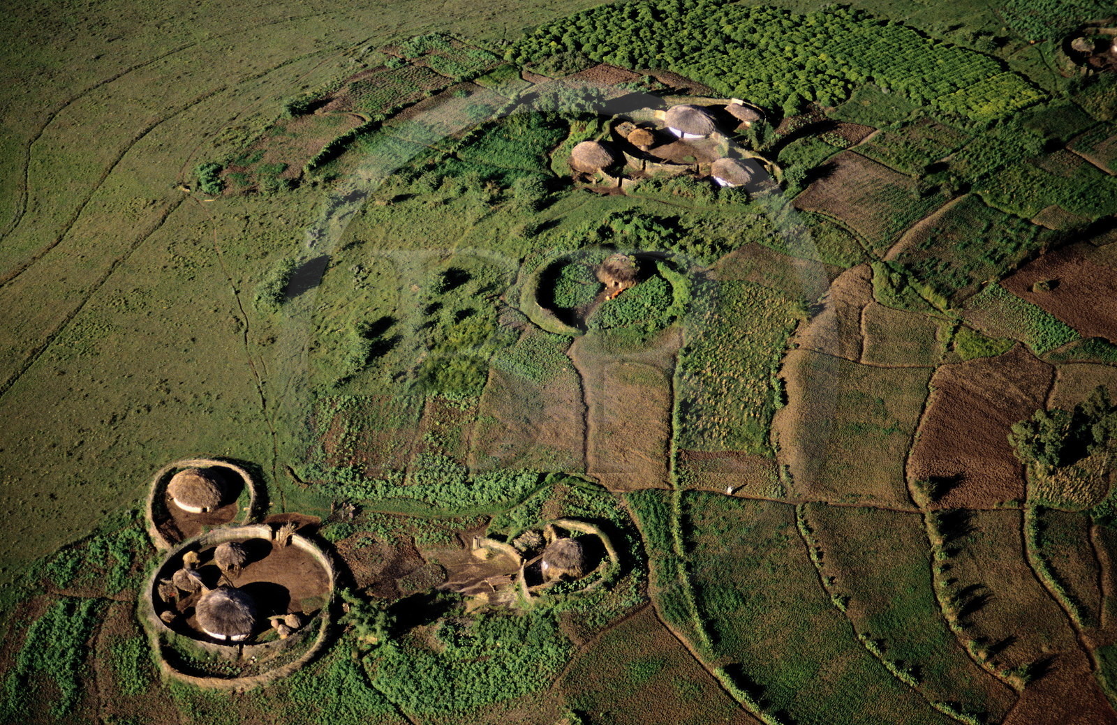 Burundi, habitat traditionnel rugo dispersé sur une colline de la région de Mugongomanga (vue aérienne)