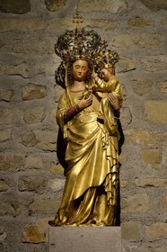 France, Meurthe-et-Moselle, Saintois region, colline de Sion-Vaudemont (hill of Sion), Basilica of Notre Dame de Sion, Our Lady of Sion statue, crowned Virgin in golden stone of 15th century