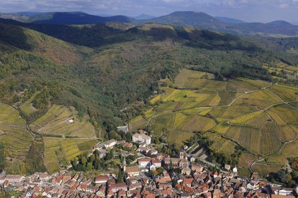 France, Haut Rhin, Ribeauville and its vineyard at the bottom of Vosges Massif (aerial view)